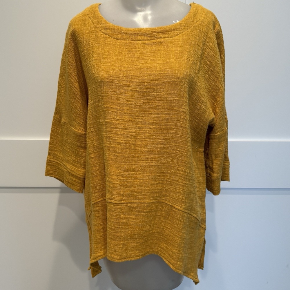 Saloos‎ Mustard Lagenlook Tunic Top Oversized Boho Textured Oversize Top Size XS
